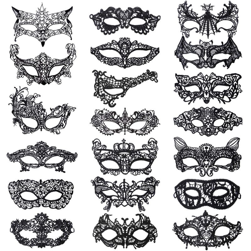 Xloey 20 Pieces Lace Mask Masquerade Venetian Eyemask Halloween Sexy Woman Lace Mask for Halloween Masquerade Carnival Party Costume Ball  Black - Image 1